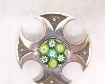 Vintage Scottish Silver Caithness Brooch Millefiori Glass Paperweight - Hallmarked Edinburgh Silver