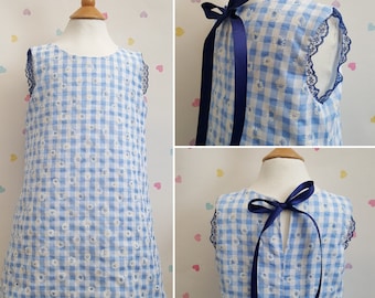 Girls Blue Gingham Daisy Dress, Girls School Dress, Daisy Print Dress, Handmade, Girls Nursery Outfit, Children's Clothing, Party, Birthday