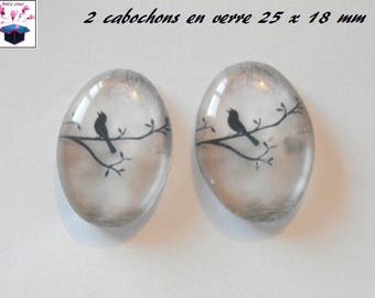 2 cabochons glass 25mm x 18mm bird theme
