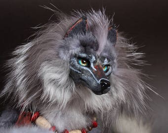 CUSTOM ORDER. Moon wolf/ totem hyena. OOAK Art Doll.Handmade Poseable Toy.Wolf Toy.Totem.