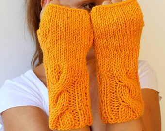 Hand Knitted Cable Marigold Tangerine Orange Yellow Fingerless Gloves Mittens