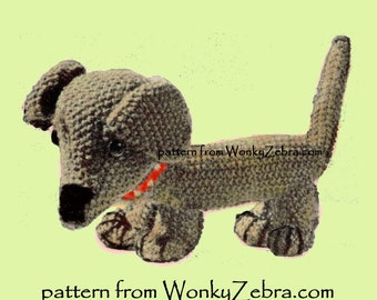 A knitted toy dachshund dog Vintage Knit Pattern PDF 520 from ToyPatternLand and WonkyZebra