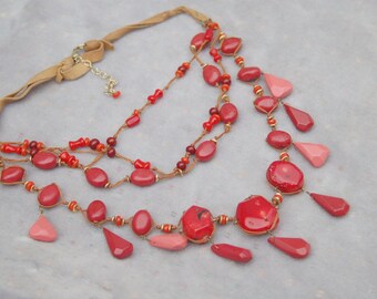Red Coral Multi Strand Tropic Statement Necklace
