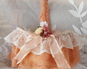 Clearance Peaches and Cream Flower Girl Basket, Shabby Chic Basket, Wedding Accessory