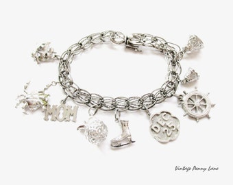 Boho Vintage Charm Bracelet, Sterling Silver Chain