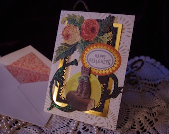Vintage Style Halloween Handmade Card with Lined Envelope