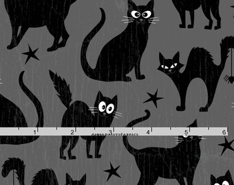 Black Cat Fabric, Glow in the Dark, Henry Glass Fabric Fangtastic with Glow 1096G 90, Halloween Quilt Fabric, Cat Quilt Fabric, Cotton