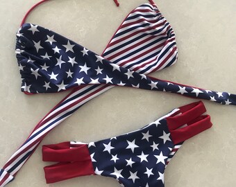 American Flag Fourth of July Red White and Blue Stars and Stripes 'Starry Eyed' Cheeky Bikini Wrap Top and Cheeky Bottom Set