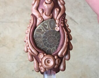 Handmade polymer clay pendant with ammonite and quartz crystal