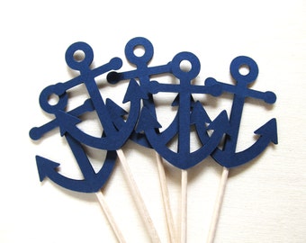 Nautical Anchor Cupcake Toppers, Dark Navy Blue, Baby Shower, Wedding, Party Decor, Double-Sided, Set of 18