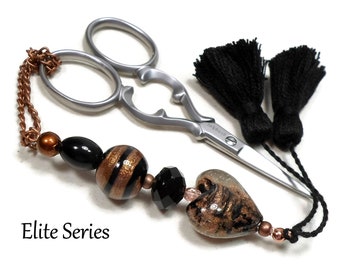 Black Copper Heart Scissor Fob, Scissor Minder, Scissor Keeper, Beaded Key Fob, Tassel, Needlepoint, Quilting, Sewing Accessory Cross Stitch