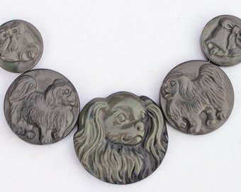 Carved Pekinese Dog Gray Jasper Pendant Set - 25mm - 35mm - 45mm