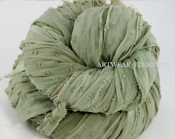 Sari Silk Chiffon, Vintage Vanity Muted Moss, Fair Trade, 5 Yards, Textile Fiber, Yarn, Crochet Yarn, Bracelet Ribbon, Silk Fabric 123