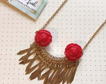 Red Rose and Gold Necklace. Gold Bib Necklace.