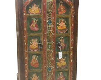 Antique Armoire Ganesha Hand Painted Cabinet Hand Carved UNIQ Indian Decor Rustic FARMHOUSE CHIC