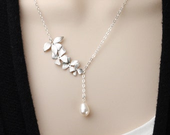 White Pearl Necklace - Silver Flower Bridesmaid Necklace - Swarovski Pearl Drop Necklace - Pearl Bridesmaid Jewelry - Wedding Jewelry