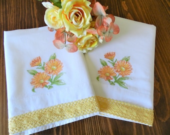 NOS Yellow Gold Flower Pillowcases, Peach Pillowcases, Floral Pillowcases, Never Used, White Cotton Pillowcases, Machine Embroidery