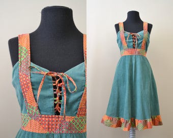 1970s Corduroy and Cotton Lace Up Dress