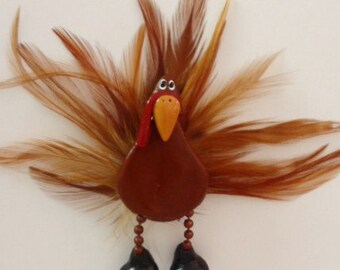 Gobble Gobble Turkey: Polymer Clay turkey pin with feathers