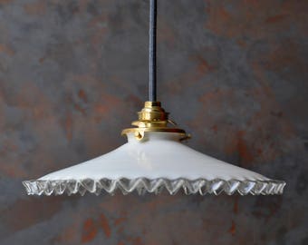 Antique french ceiling light in white opalescent glass, pendant lamp, opaline light