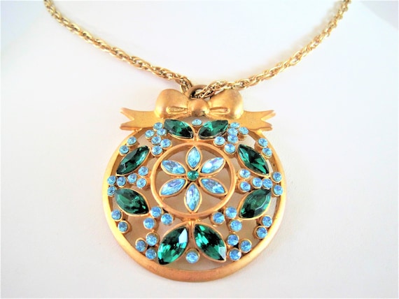 Blue Pendant Necklace, Blue Green Rhinestones, Gold Tone Chain, Bow Bail Top