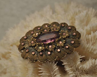 Oval purple rhinestone brooch