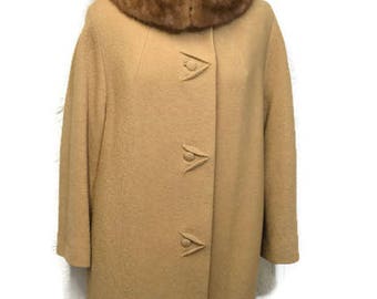 50's Camel Wool Coat with Stand Up Blonde Mink Collar