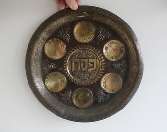 Brass Passover Seder Plate, Hebrew English Plate, Jewish Holiday, Passover Tray, Antique Pesach Plate, Judaica, Haggadah Dish