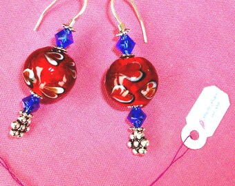GORGEOUS! RED Earrings - Murano Glass, Blue Swarovski Crystal beads, Solid Sterling Silver, RedRobinArt, Grigsby Gallery