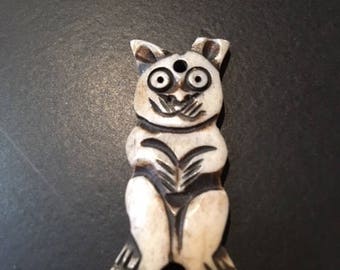 Hand-Carved Bone Bead/Pendant of a Frisky Cat...With Crooked Ears!