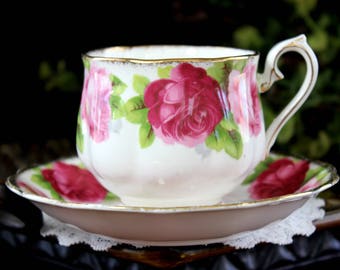 DAMAGED Tea Cup and Saucer, "Old English Rose" Fine Bone China Teacup, Royal Albert 14086