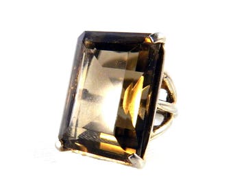 Vintage Huge Step Cut Faceted Smokey Topaz Solitaire Ring - Synthetic Gemstone - Golden Brown - 16 Carats - Adjustable