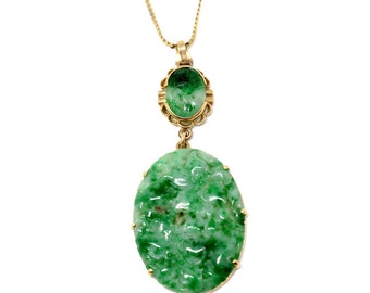 Vintage Green Natural Jadeite Jade Carved Oval in 14k Yellow Gold Pendant Necklace 1940-1950s