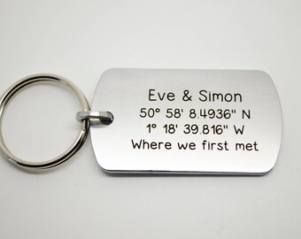 Longitude and Latitude coordinates engraved key ring. Personalised. High quality