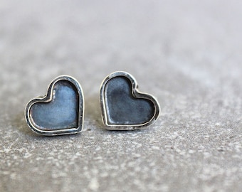Silver stud earrings, sterling silver heart studs, heart stud earrings, oxidized silver jewelry