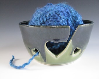 Ceramic Yarn Bowl, Pottery Knitting Bowl, Hearts, Midnight Blue and Spearmint Green