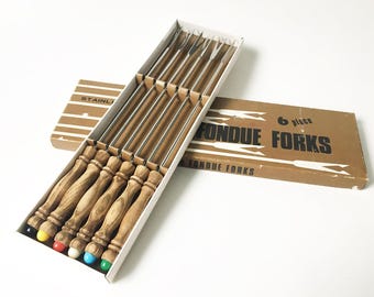 Fondue Forks Cheese forks long forks 1970s forks stainless steel set of 6 Wooden handle
