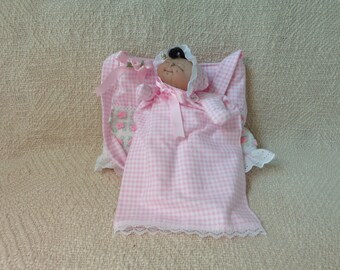 Handmade soft sculptured doll puppet and tote bag,