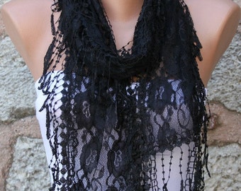 Black Lace Scarf, Wedding Shawl,Evening Scarf, Cowl Scarf,Bridal Accessories, Bridesmaid Gift, Gift Ideas For Her, Women Fashion Accessories