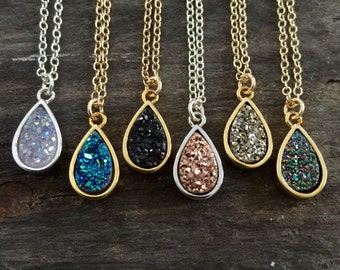Druzy Necklace, Drusy Necklace, Druzy Drop Necklace, Rose Gold Druzy Necklace, Titanium Druzy Quartz, Druzy Jewelry