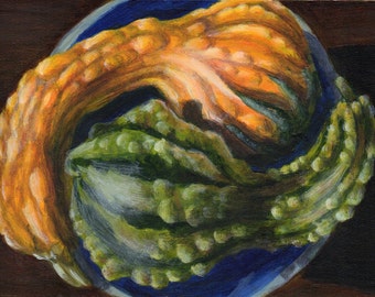 Original Still Life Painting, Small Acrylic Painting of Two Gourds for Home Decor, Orange and Green
