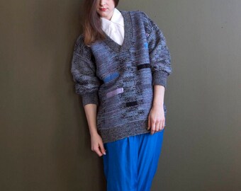 Gray blueish sweater / gray pullover / oversized sweater / gray blue v neck sweater / boyfriend sweater / 80s 90s sweater