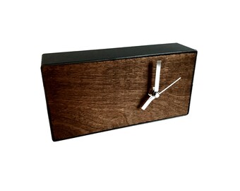 Table clock black and wood with frame, essence of wild cherry, cocoa, industrial, minimalist, rustic tint