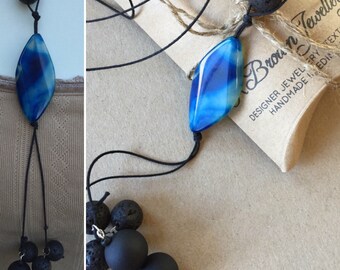 Agate YNecklace,Blue Agate YNecklace, Lava stone YNecklace, Handmade Gemstone YNecklace, Edinburgh Jewellery Designer, K Brown Jewellery UK