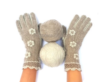 Beige White Gloves with Fingers Mohair Gloves Beige Women's Finger Gloves Beige Girl's Gloves Hand Knitted Mohair Gloves Fingerless Gloves