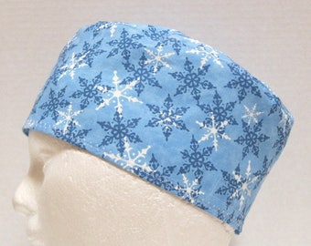Mens Scrub Hat, Surgery Cap or Chemo Cap with Snowflakes
