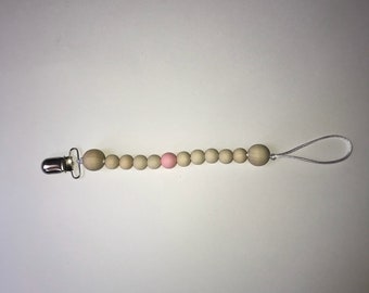 Pink and Tan Teething Pacifier Clip