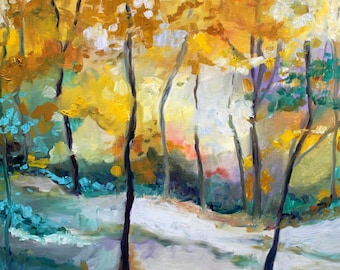 Art Print of Early Snow in Forest, My Original Oil Painting. Abstract in Vibrant Colors. Unframed Art Print of Fall Forest.