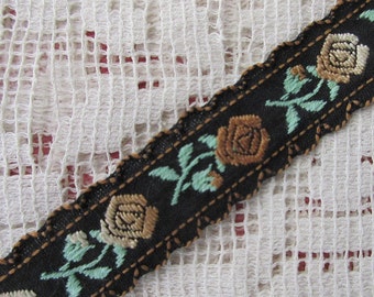 3 Yards Vintage West Germany Fancy Roses Jacquard Trim Ribbon 5/8th Inch Wide Black Mint Browns VT 165