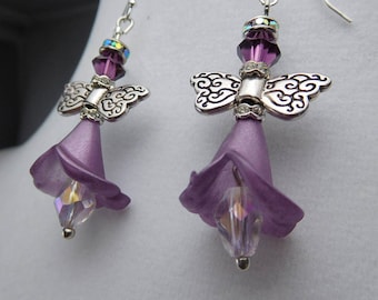 Angel Dangle Earrings, Purple Angel Earring, Calla Lily Earring, Purple Flower Earring, Large earring, OOAK, Lightweight, Nathans Angels,